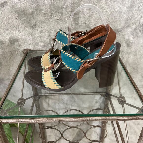 Chinese Laundry Golden LEATHER Heeled Stacked SANDALS WOMAN’S SIZE 9.5 Turquoise - Picture 3 of 10